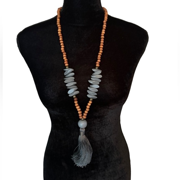 Gray tassel and wood bead artisan made long necklace 32” L - Picture 1 of 3